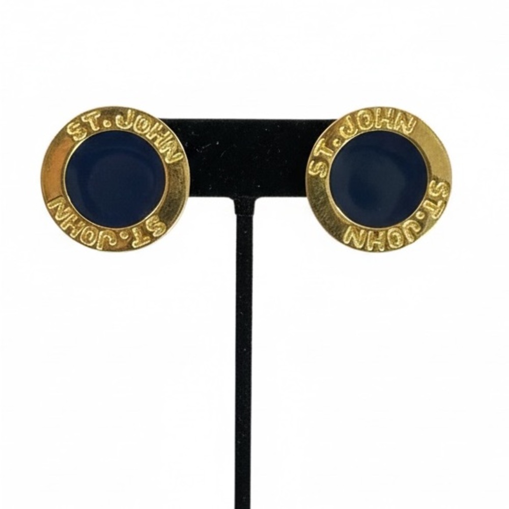 🔻Vintage St. John navy Enamel Gold Tone Logo Clip-On Earrings Designer 80s